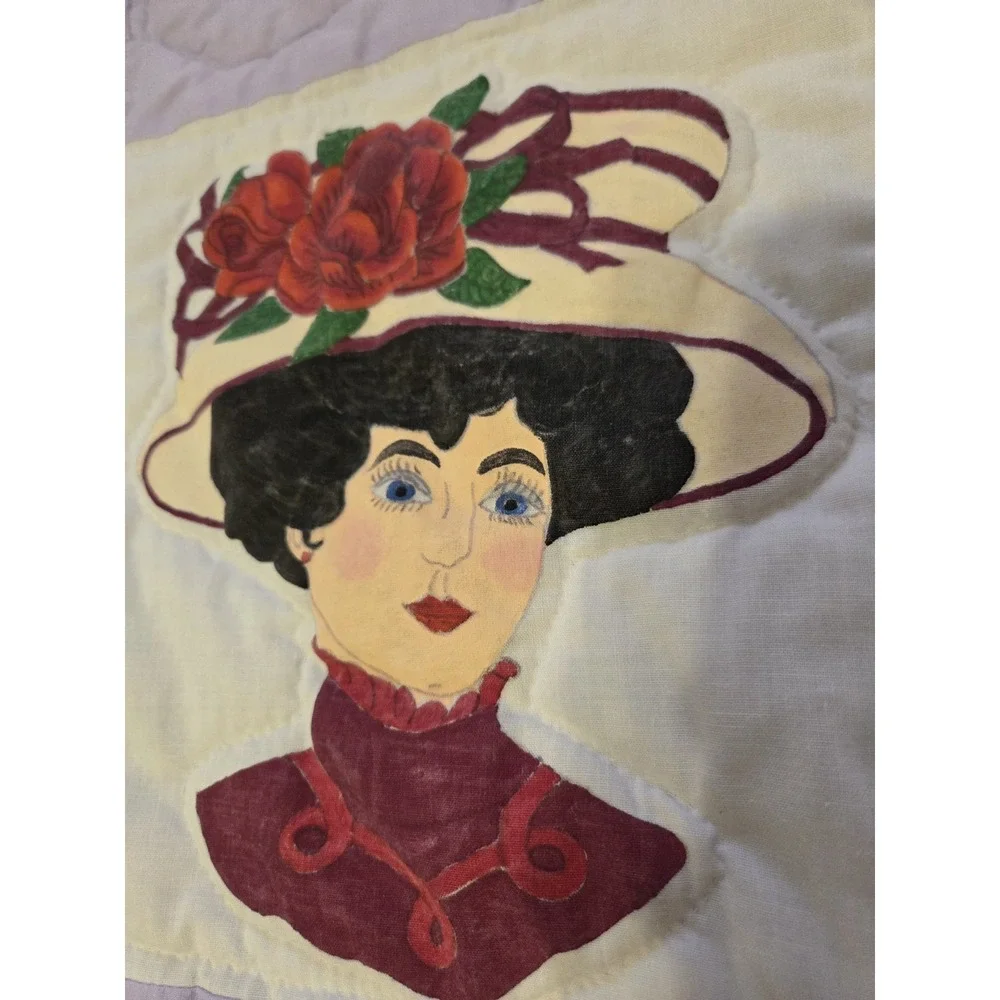 Vtg Quilt Victorian Ladies Applique Edwardian Whimsy Fashion Hats Millinery